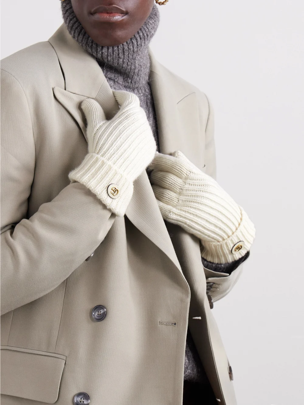 Gucci Embellished Leather-trimmed Wool and Cashmere-blend Gloves, styled view