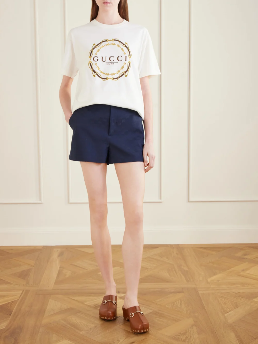 Gucci Embellished Studded Leather Clogs, styled view