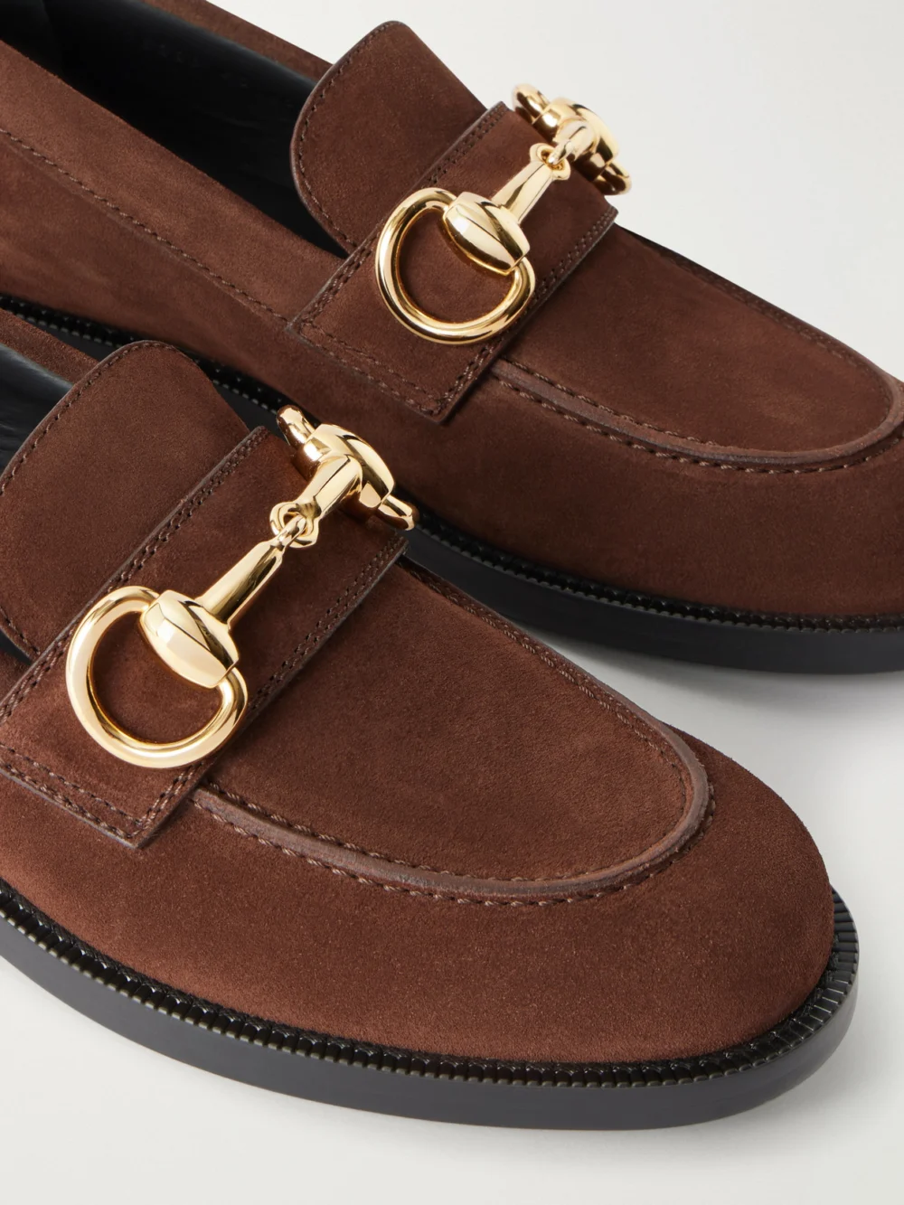 Close-up detail of the Gucci Emily Moccasin Horsebit-detailed Suede Loafers