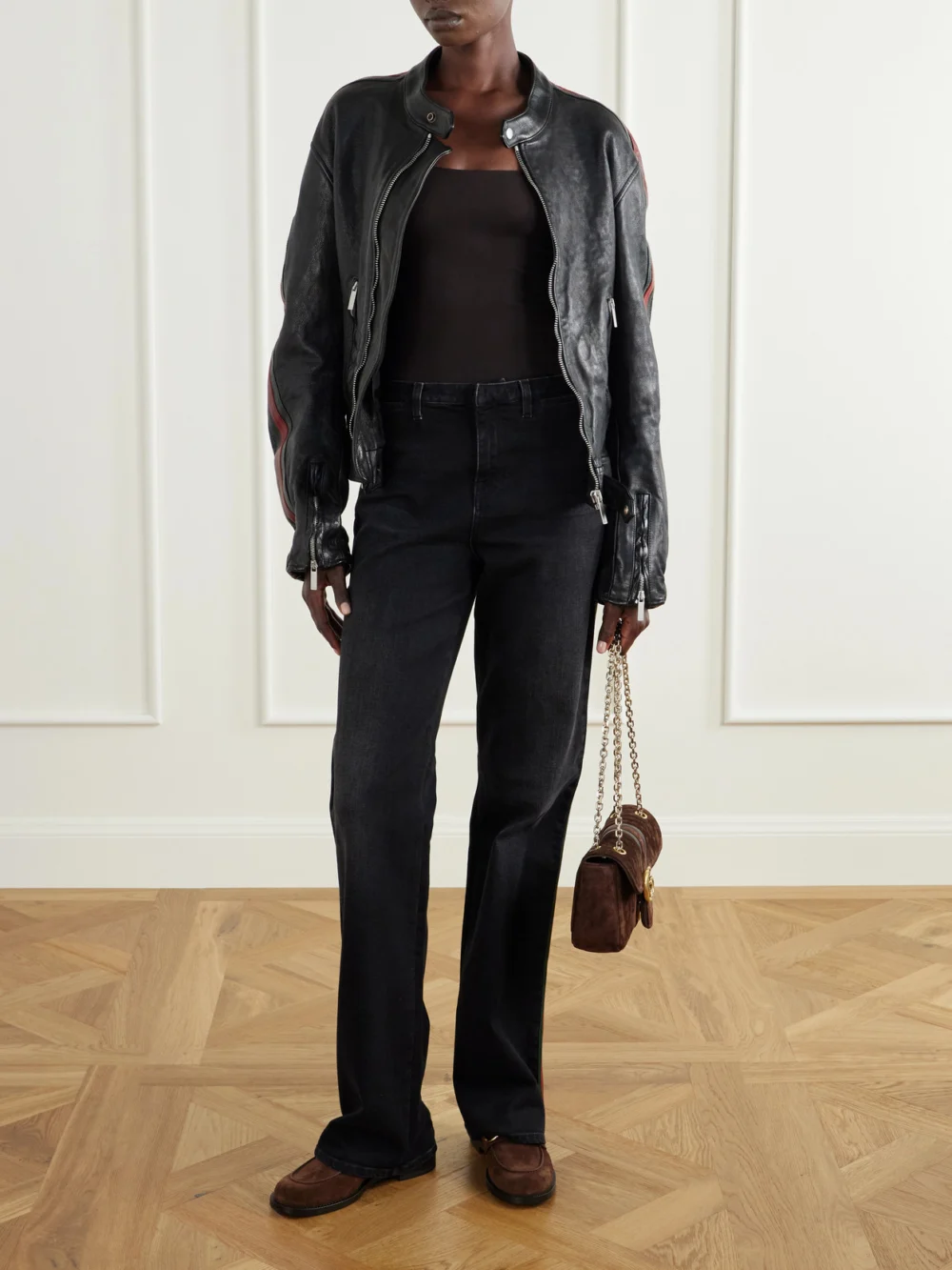 Gucci Emily Moccasin Horsebit-detailed Suede Loafers, styled view