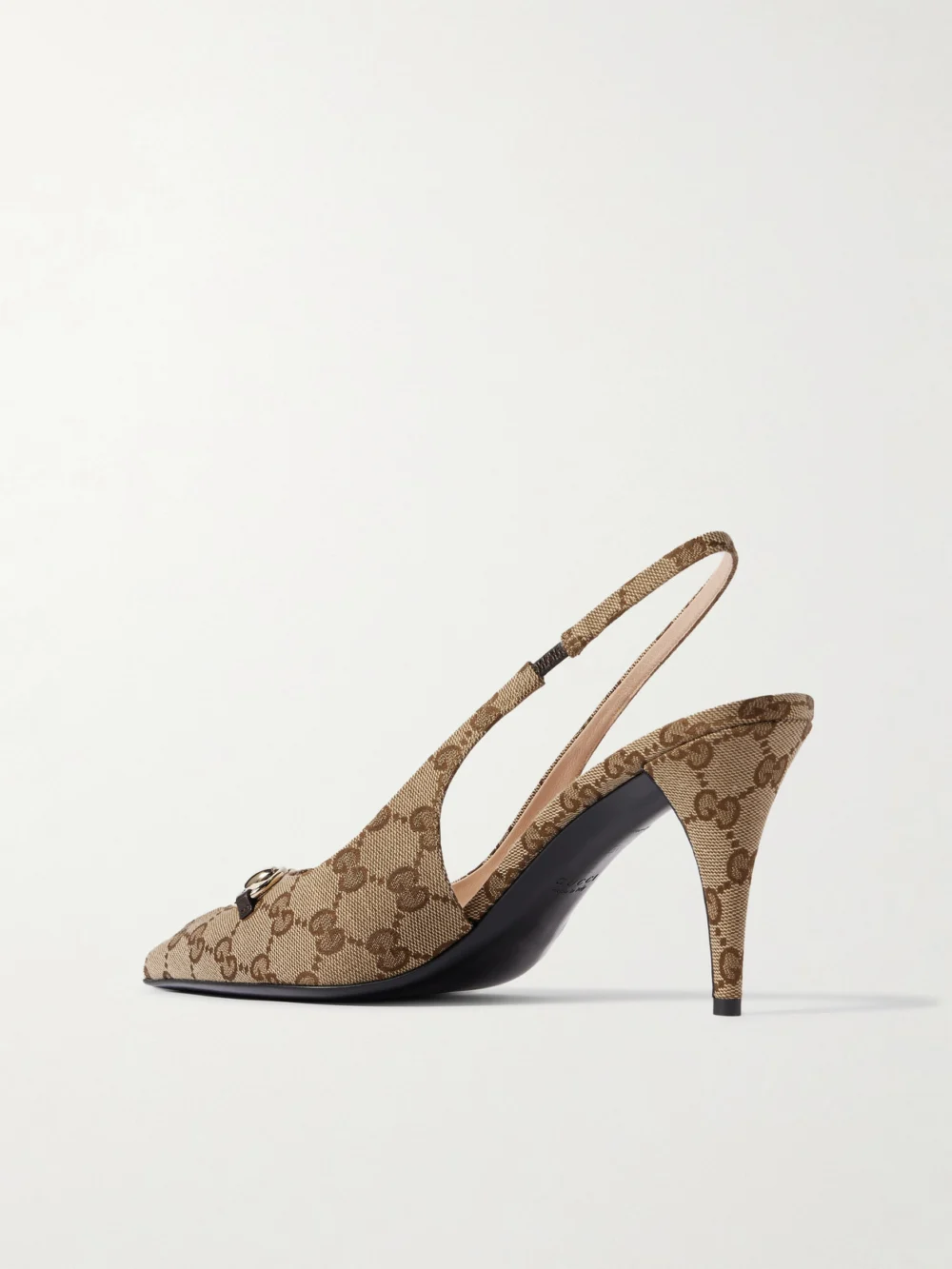 Back view of the Gucci Erin Horsebit-detailed Canvas-jacquard Slingback Pumps