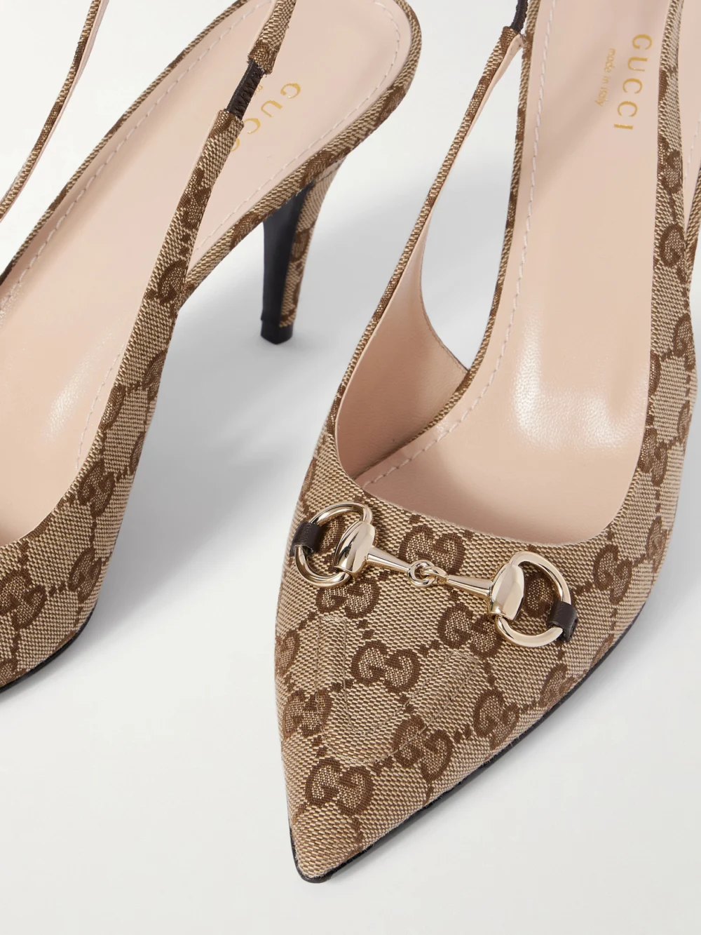 Close-up detail of the Gucci Erin Horsebit-detailed Canvas-jacquard Slingback Pumps