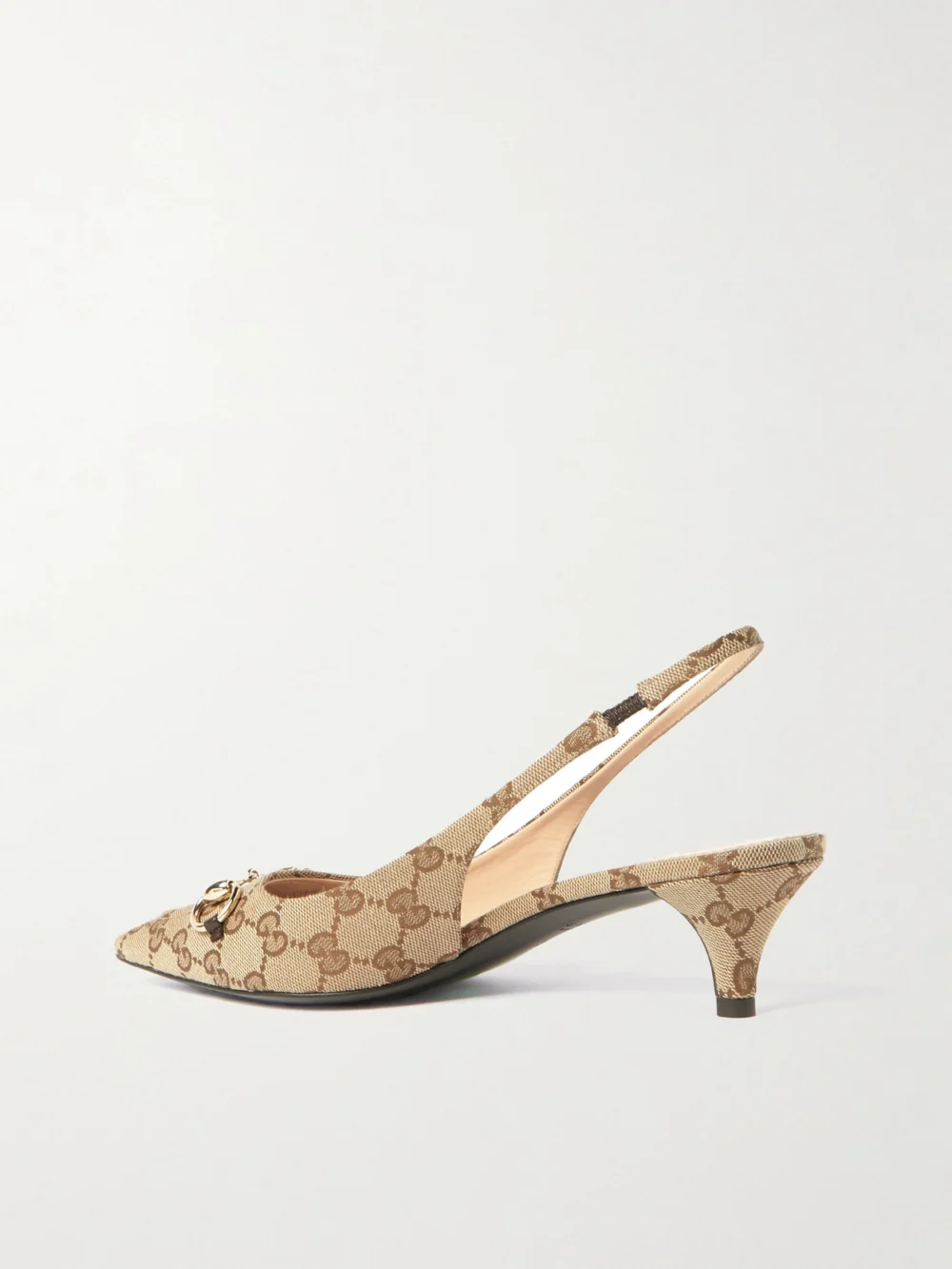 Back view of the Gucci Erin Horsebit-embellished Canvas-jacquard Slingback Pumps