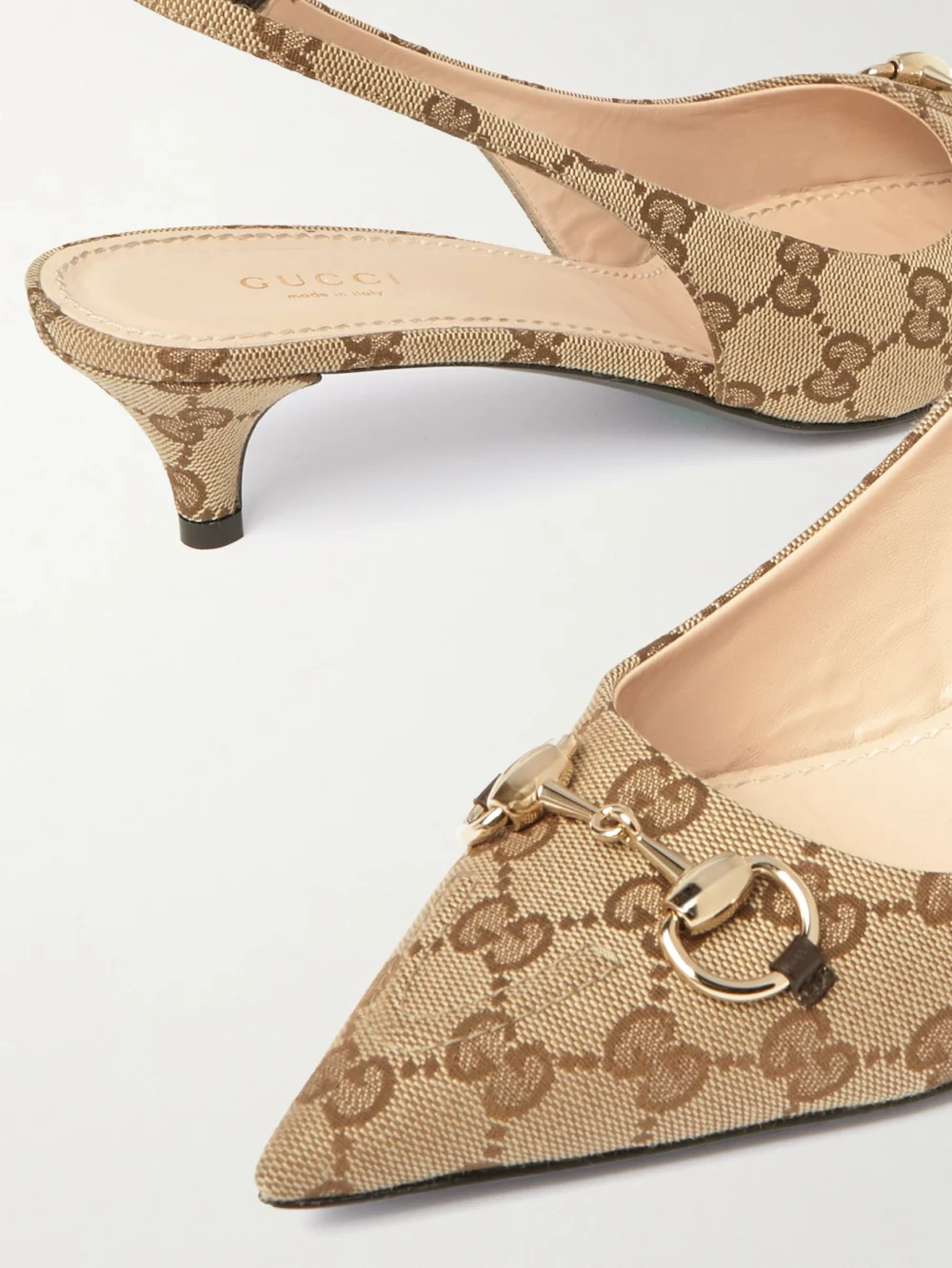 Close-up detail of the Gucci Erin Horsebit-embellished Canvas-jacquard Slingback Pumps