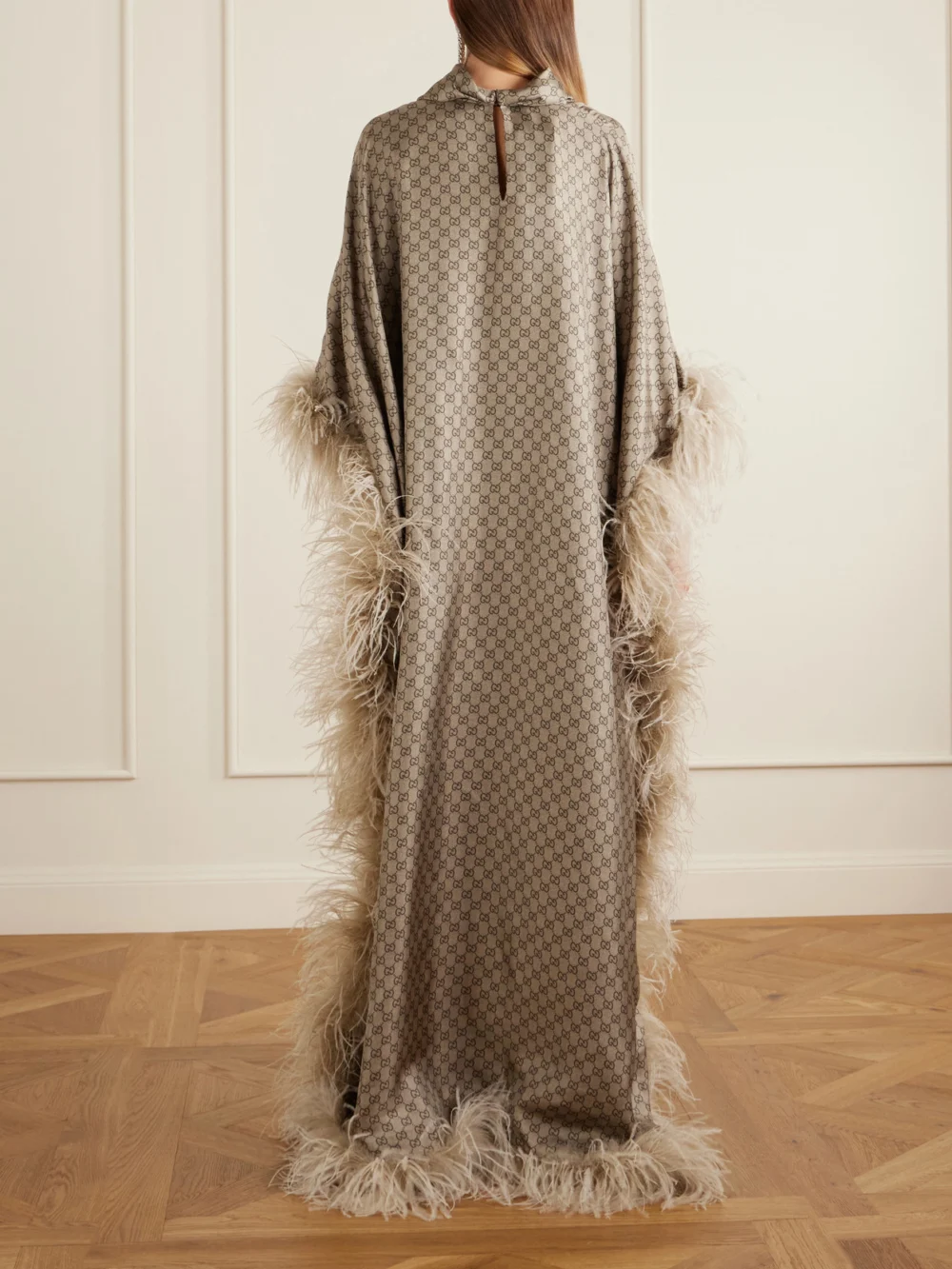 Back view of the Gucci Feather-trimmed Printed Satin Maxi Dress