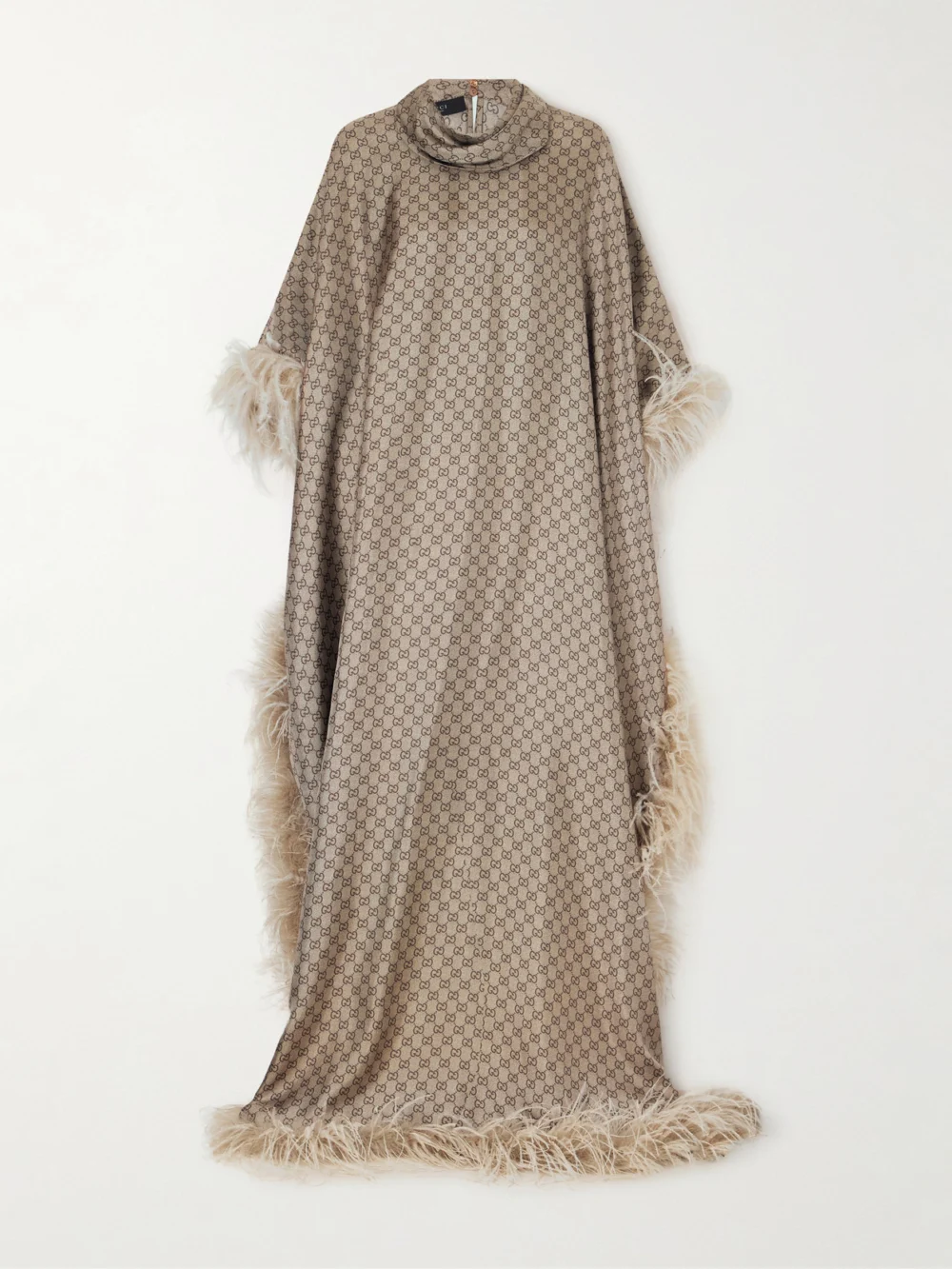 Gucci Feather-trimmed Printed Satin Maxi Dress in brown