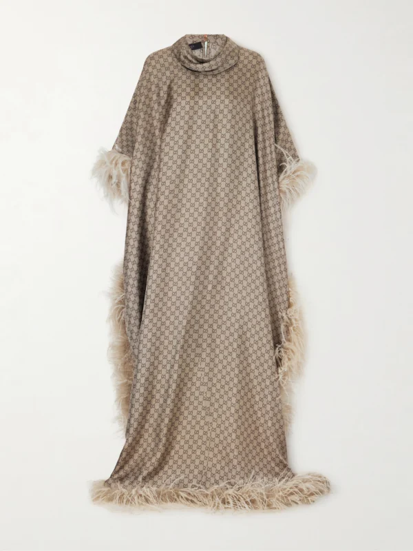 Gucci Feather-trimmed Printed Satin Maxi Dress