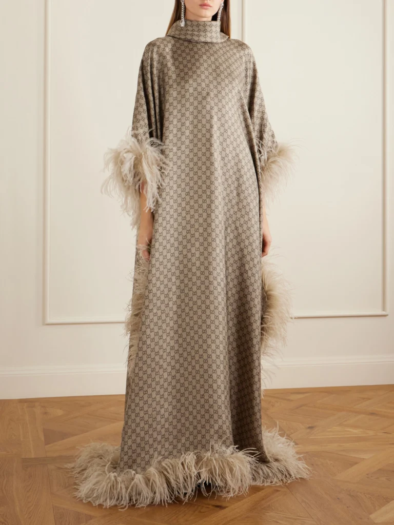 Gucci Feather-trimmed Printed Satin Maxi Dress