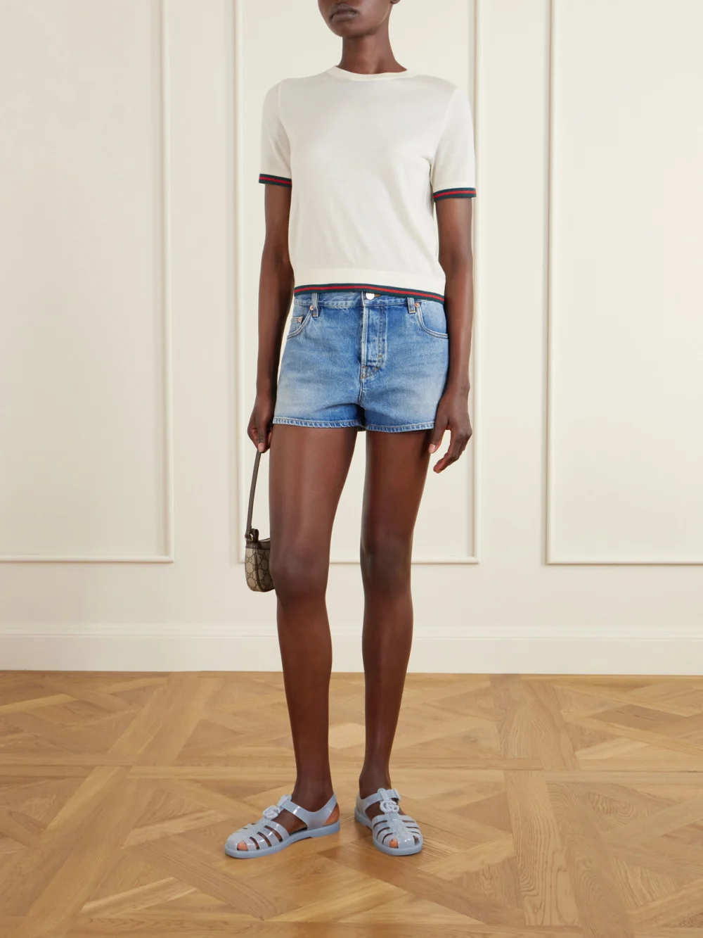 Gucci Fisherman Embellished Rubber Sandals, styled view