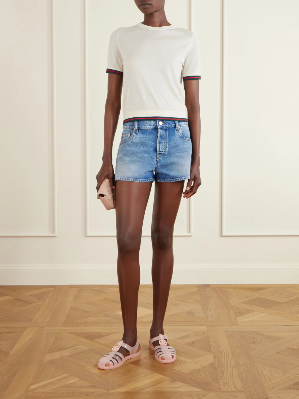 Gucci Fisherman Embellished Rubber Sandals, styled view