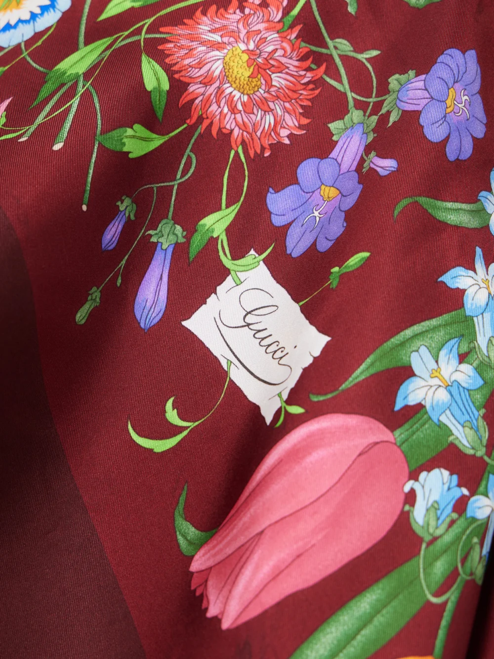 Close-up detail of the Gucci Flora Floral-print Silk-twill Scarf