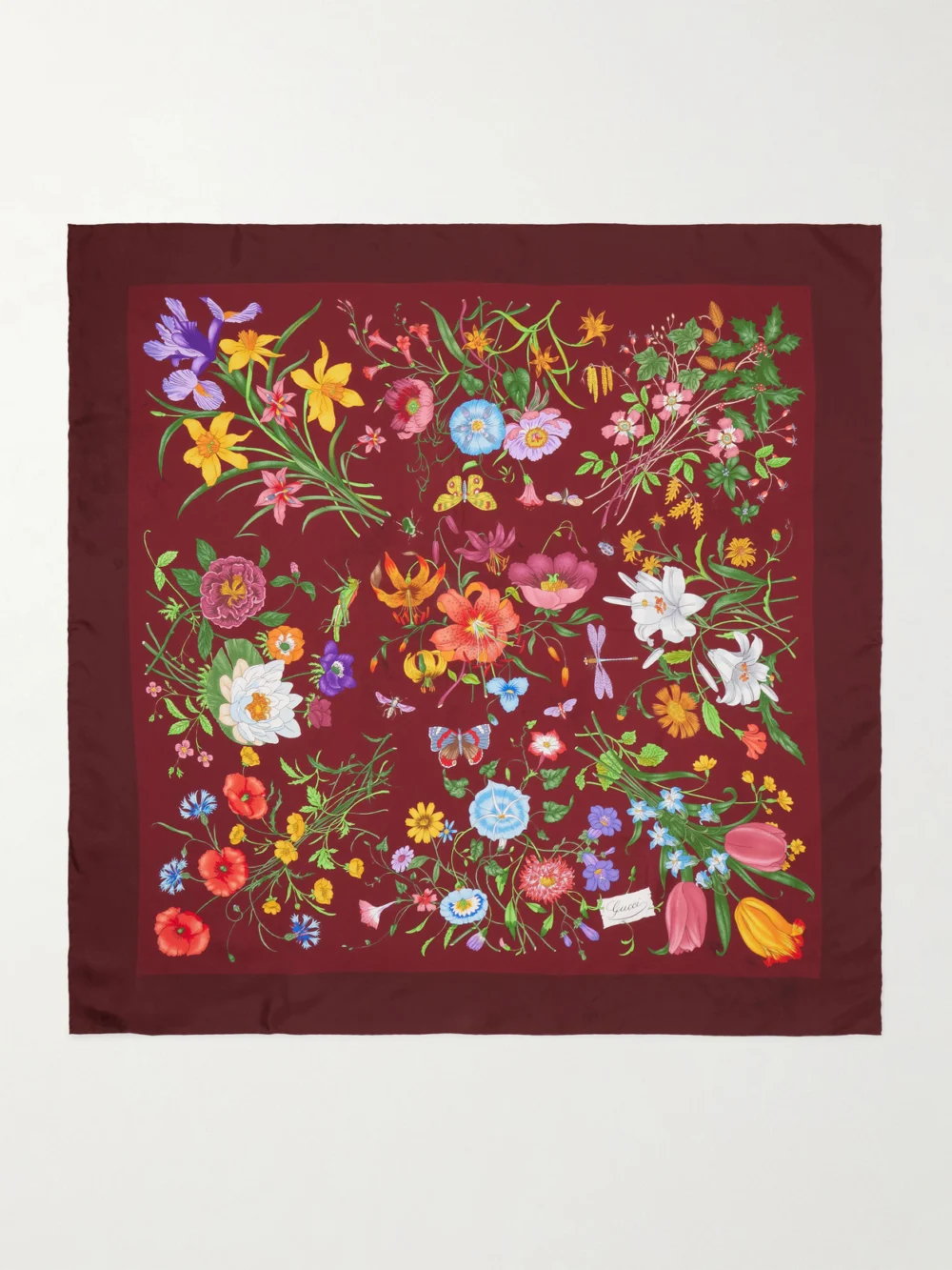 Gucci Flora Floral-print Silk-twill Scarf in burgundy