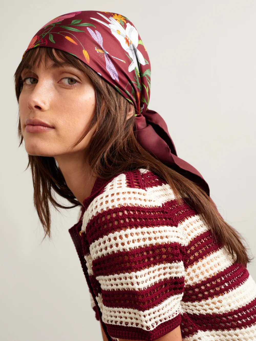 Gucci Flora Floral-print Silk-twill Scarf, styled view