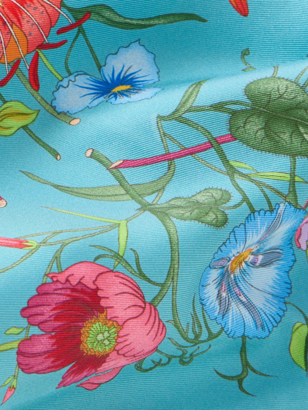 Close-up detail of the Gucci Flora Floral-print Silk-twill Scarf