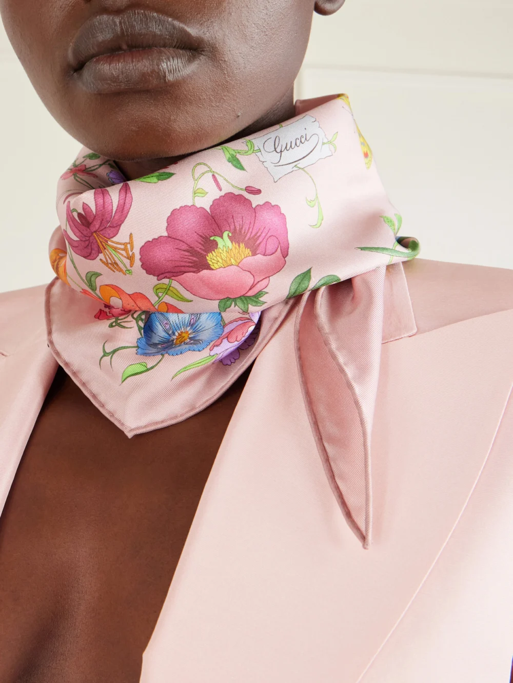 Gucci Flora Floral-print Silk-twill Scarf, styled view