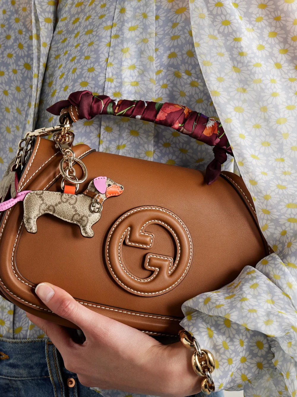 Gucci Flora Printed Silk-twill Scarf, styled view