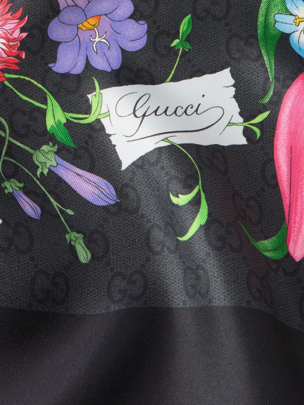 Close-up detail of the Gucci Flora Printed Silk-twill Scarf