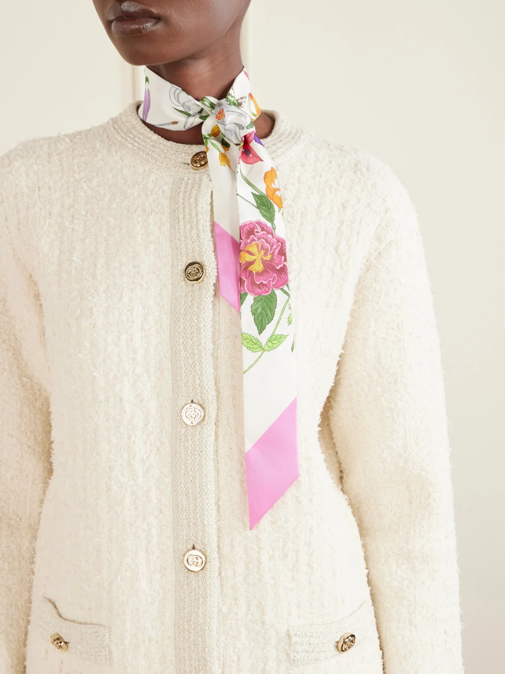 Gucci Flora Printed Silk-twill Scarf, styled view