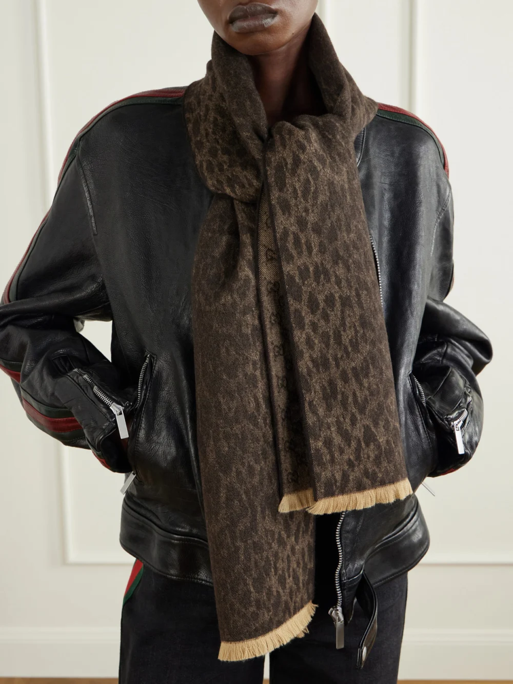 Gucci Frayed Logo and Leopard-jacquard Wool Scarf, styled view