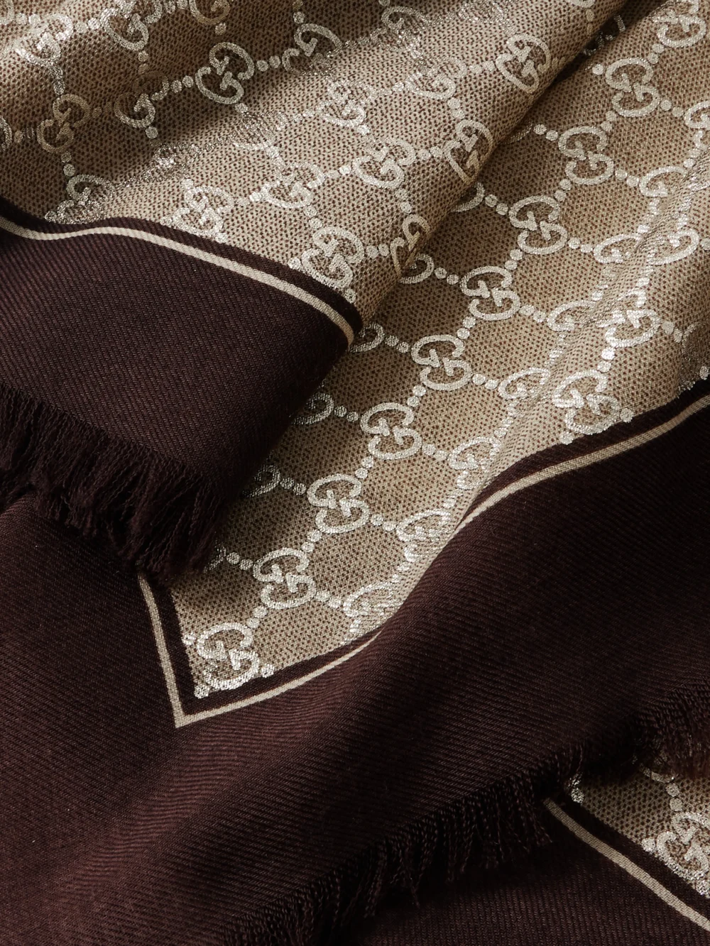 Close-up detail of the Gucci Frayed Metallic Wool-jacquard Scarf