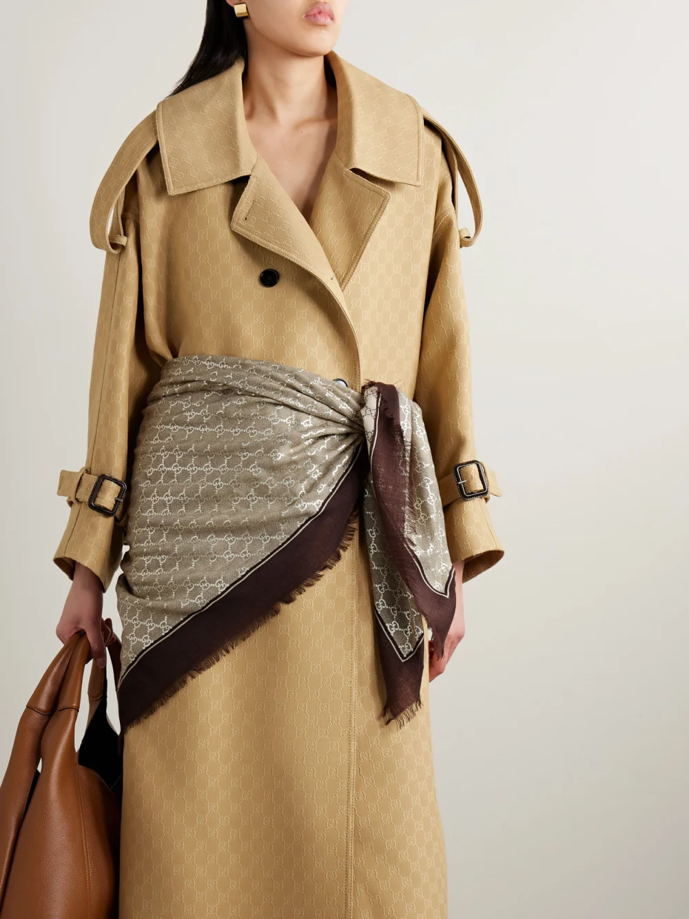 Gucci Frayed Metallic Wool-jacquard Scarf, styled view