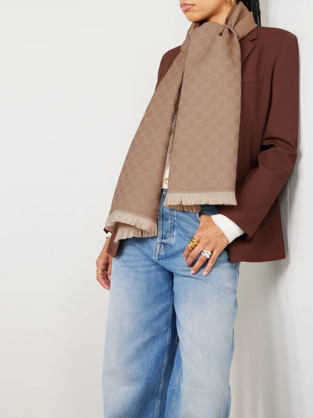 Gucci Frayed Wool-jacquard Scarf, styled view