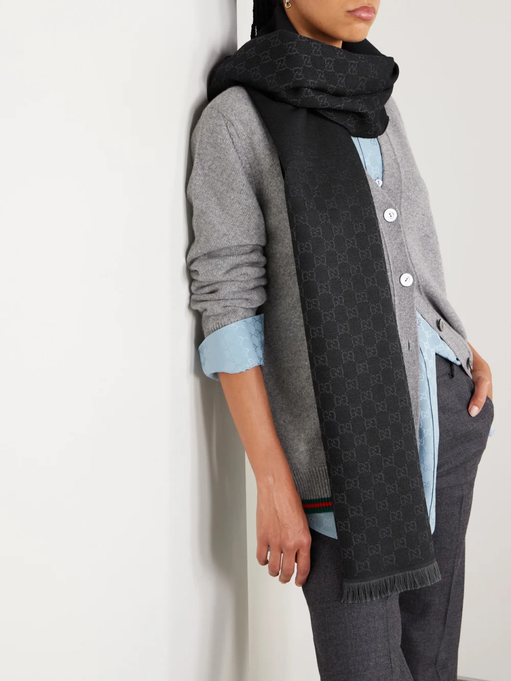 Gucci Frayed Wool-jacquard Scarf, styled view