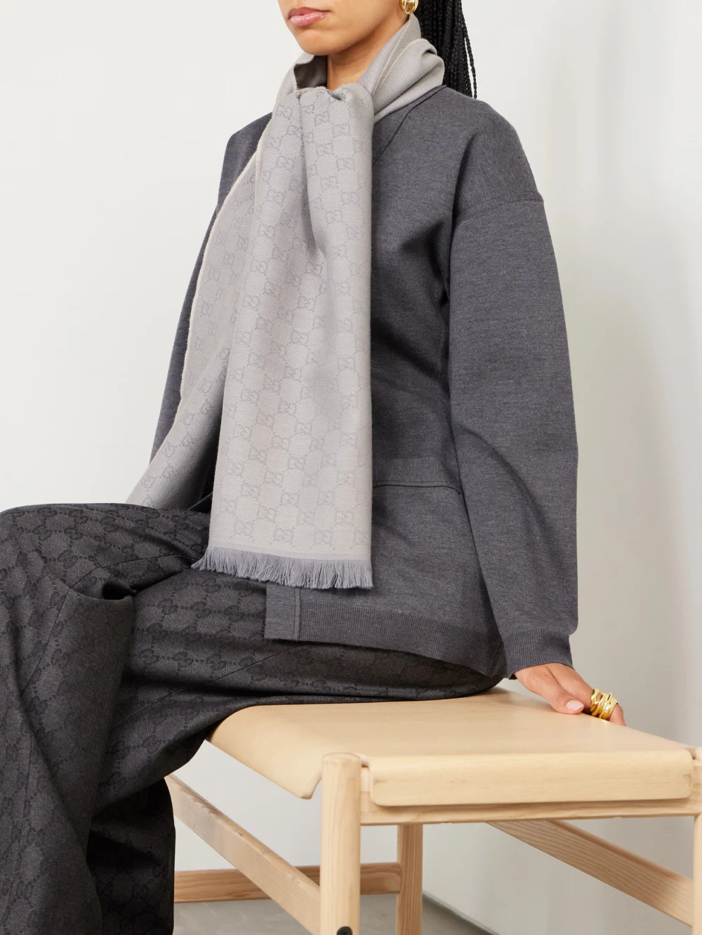 Gucci Frayed Wool-jacquard Scarf, styled view
