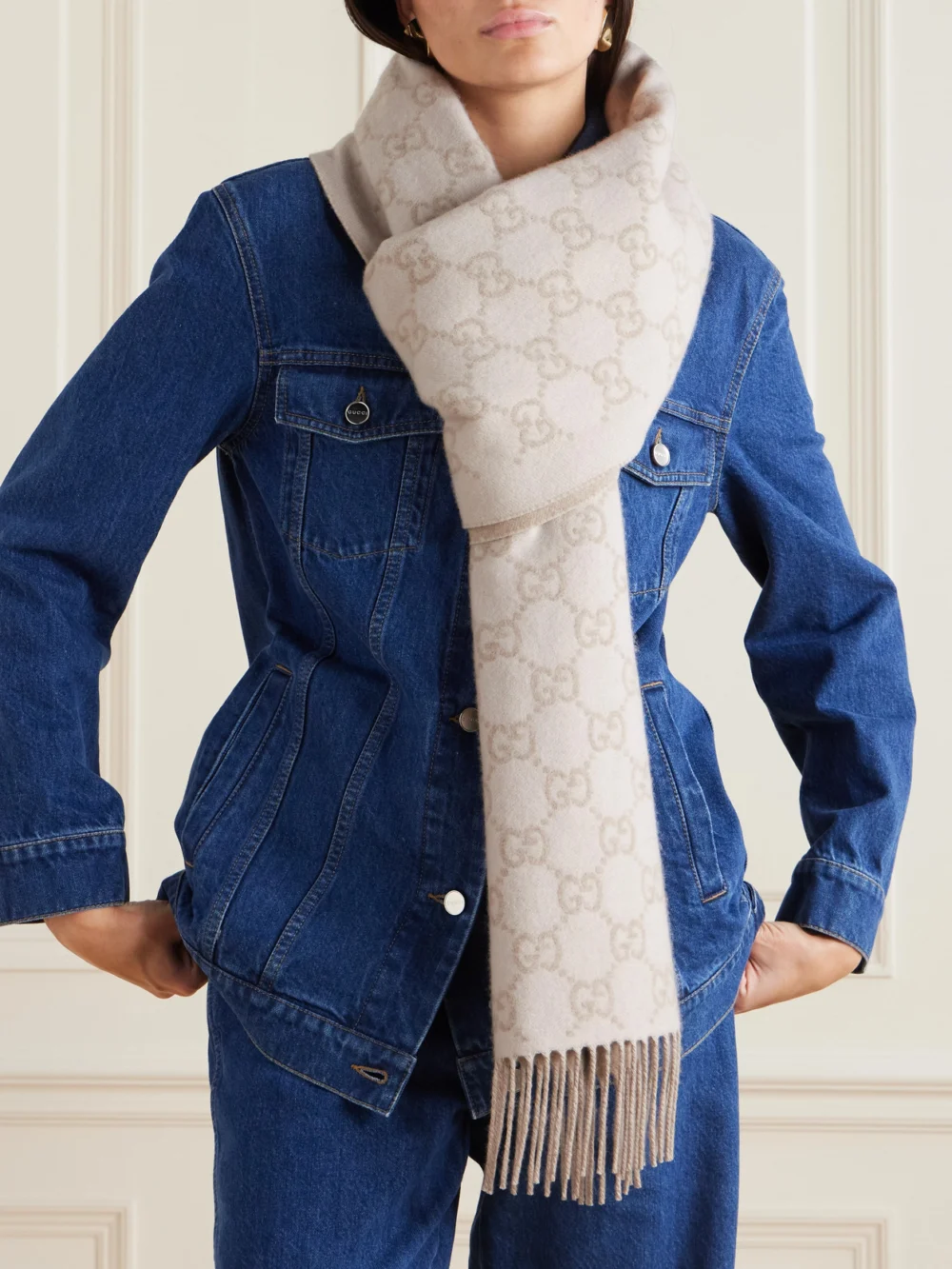 Gucci Fringed Jacquard-knit Cashmere Scarf, styled view