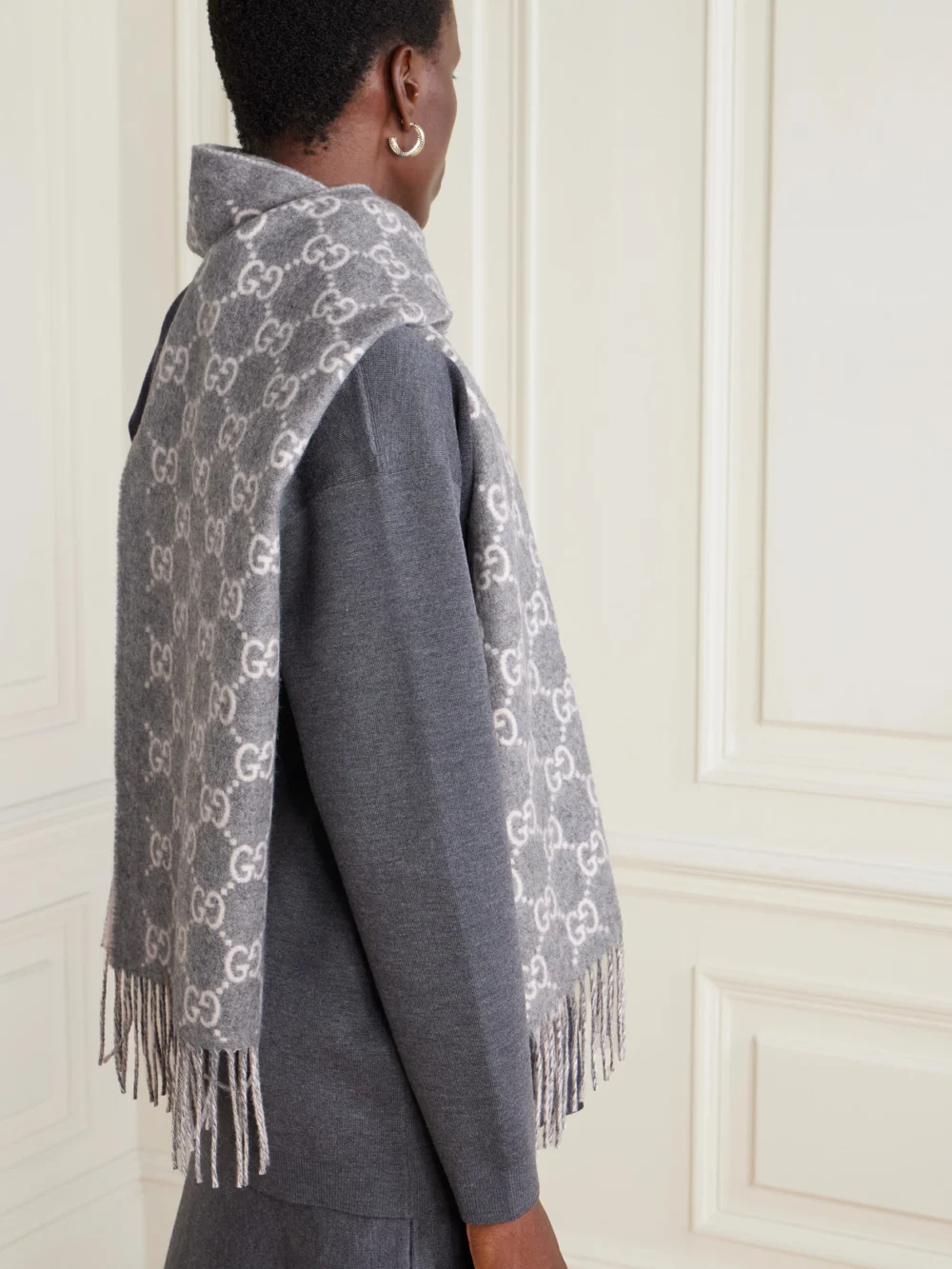 Gucci Fringed Jacquard-knit Cashmere Scarf, styled view