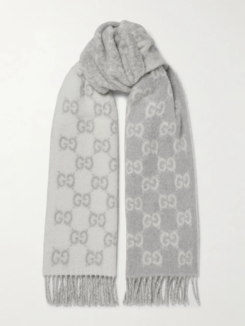 Gucci Fringed Jacquard-knit Scarf in light gray
