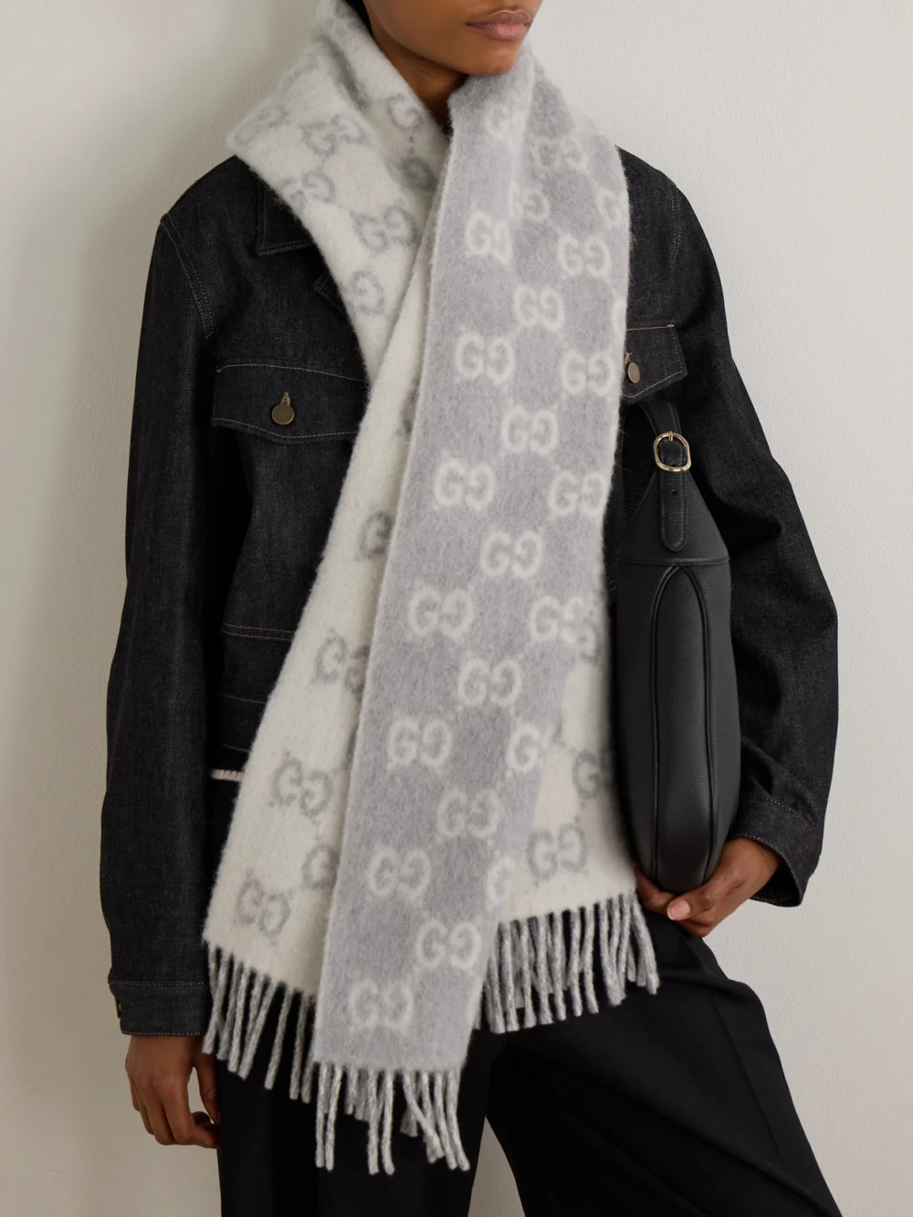 Gucci Fringed Jacquard-knit Scarf, styled view