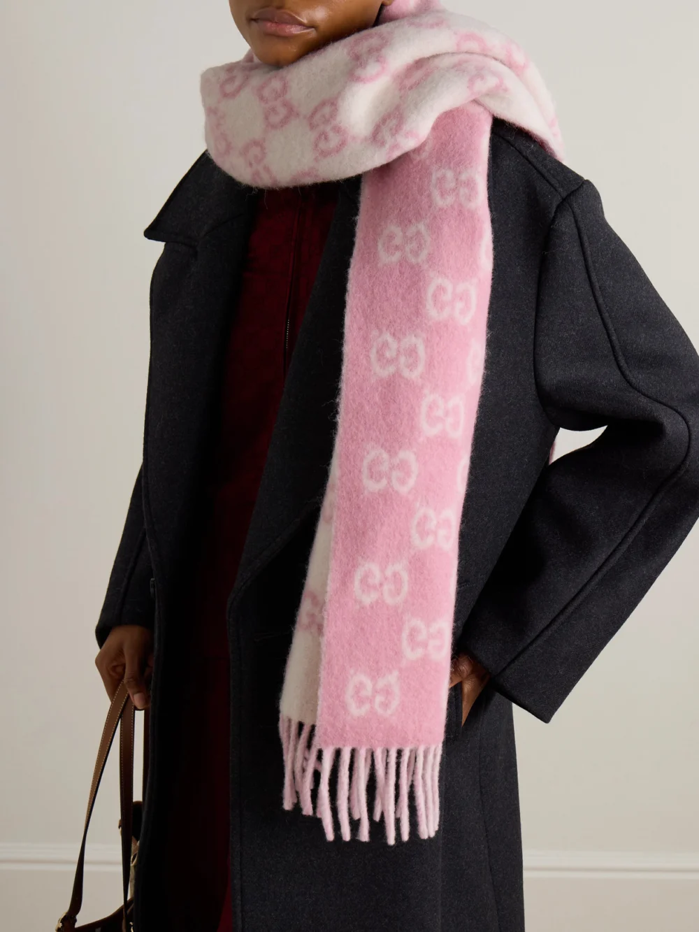 Gucci Fringed Jacquard-knit Scarf, styled view