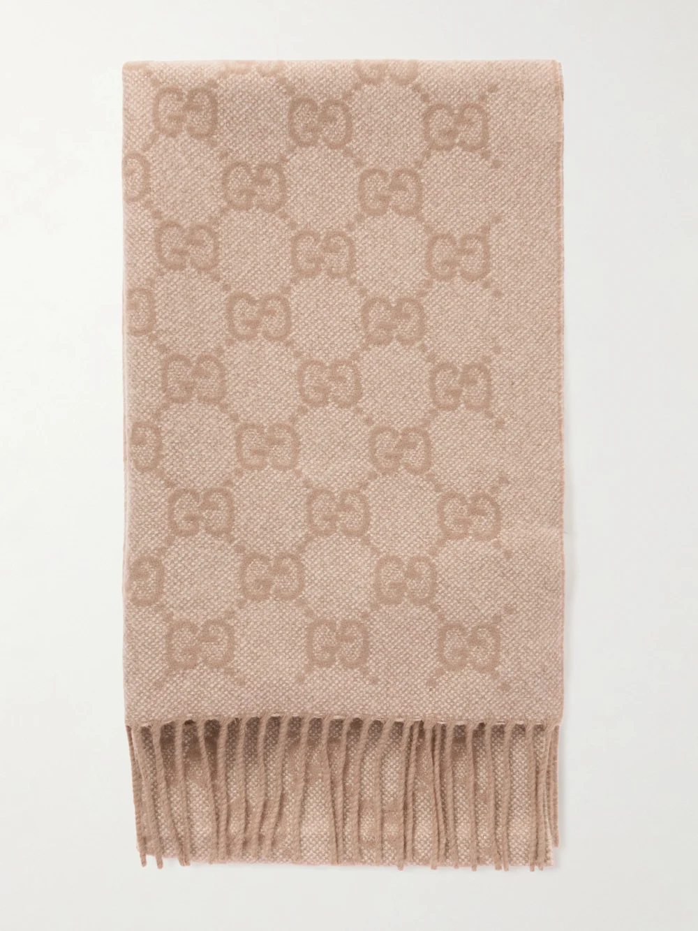 Gucci Fringed Logo-jacquard Metallic Cashmere-blend Scarf in beige