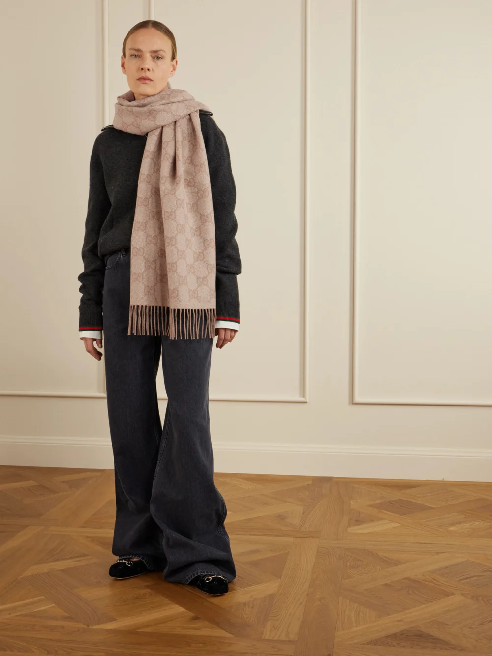 Gucci Fringed Logo-jacquard Metallic Cashmere-blend Scarf, styled view
