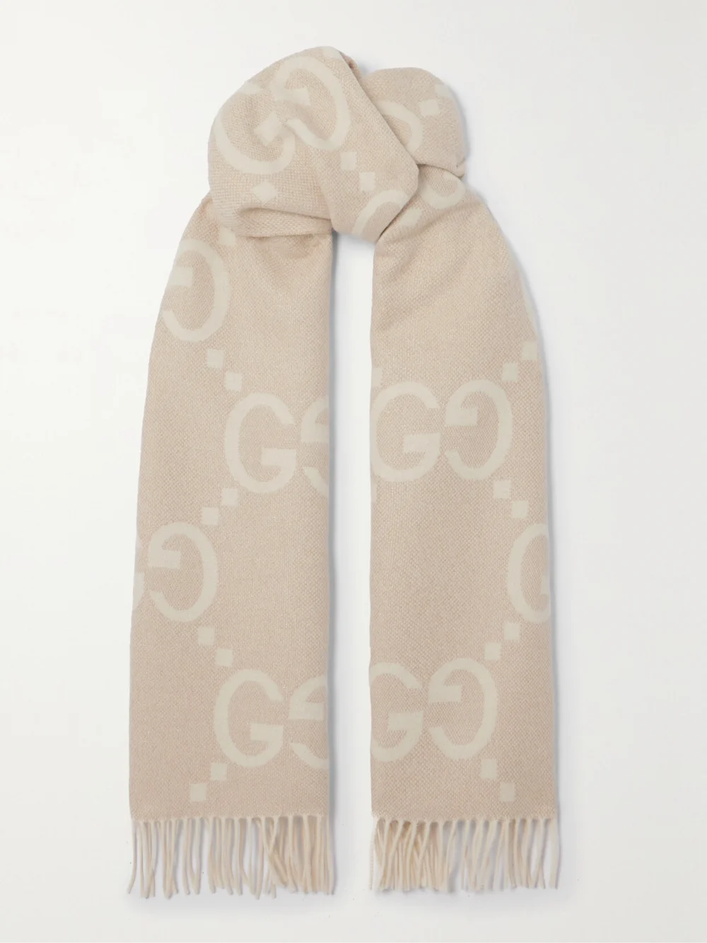 Gucci Fringed Metallic Cashmere-blend Jacquard Scarf in beige