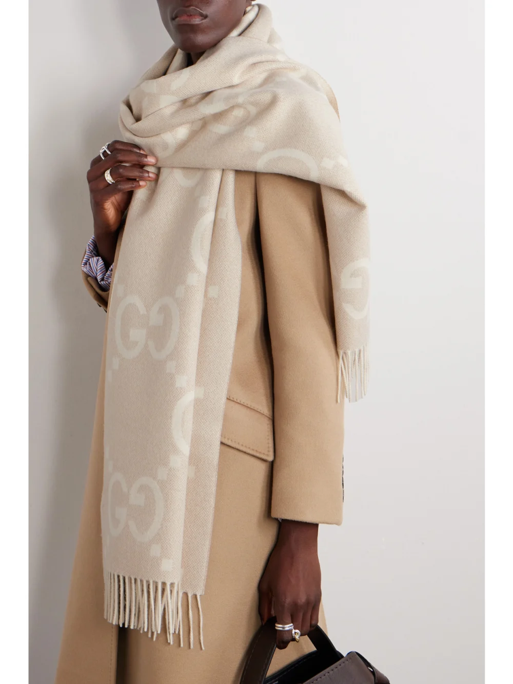 Gucci Fringed Metallic Cashmere-blend Jacquard Scarf, styled view