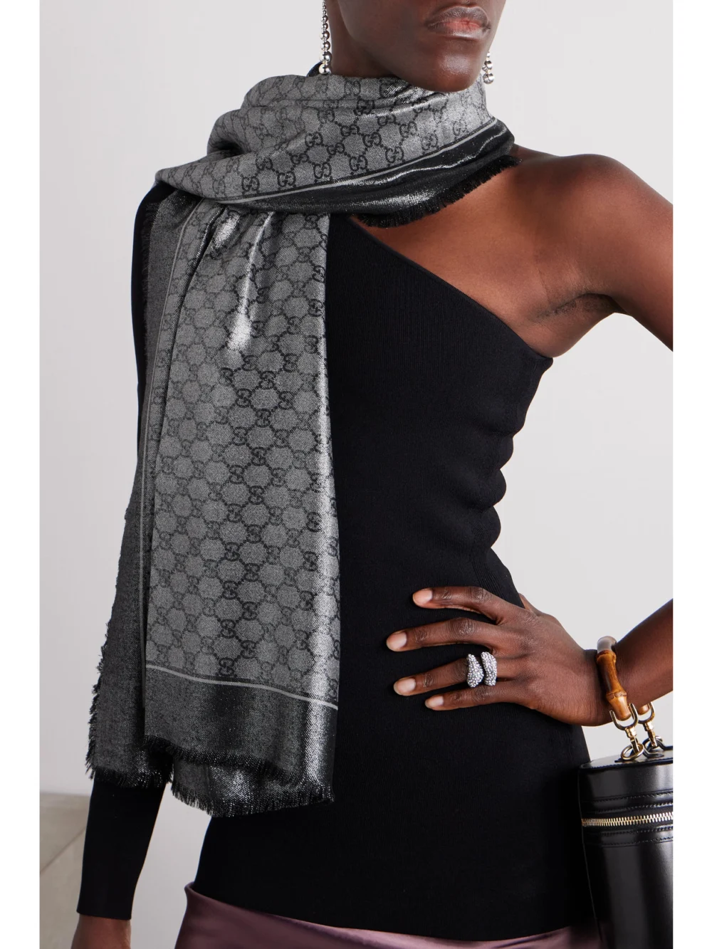 Gucci Fringed Metallic Wool-jacquard Scarf, styled view