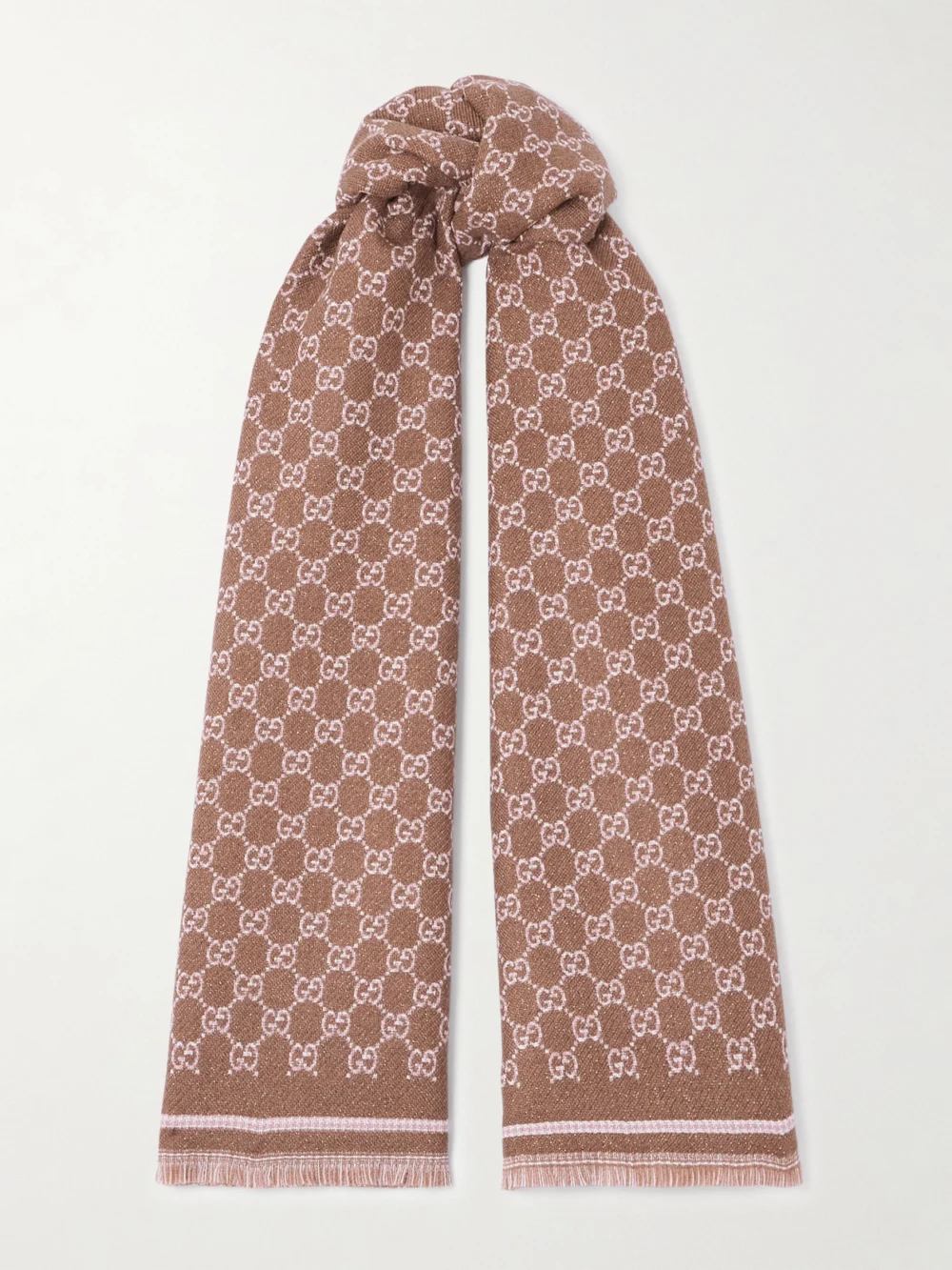Gucci Fringed Metallic Wool-jacquard Scarf in brown