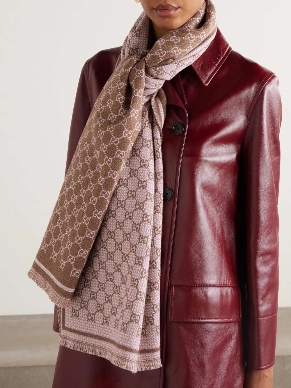Gucci Fringed Metallic Wool-jacquard Scarf, styled view