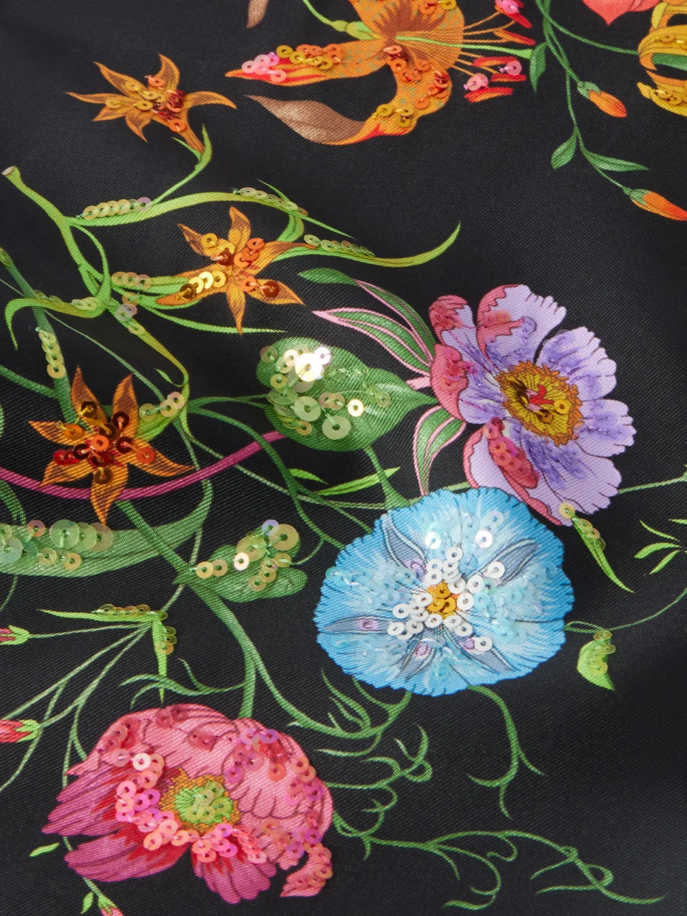 Close-up detail of the Gucci Fringed Sequin-embellished Floral-print Silk-twill Scarf