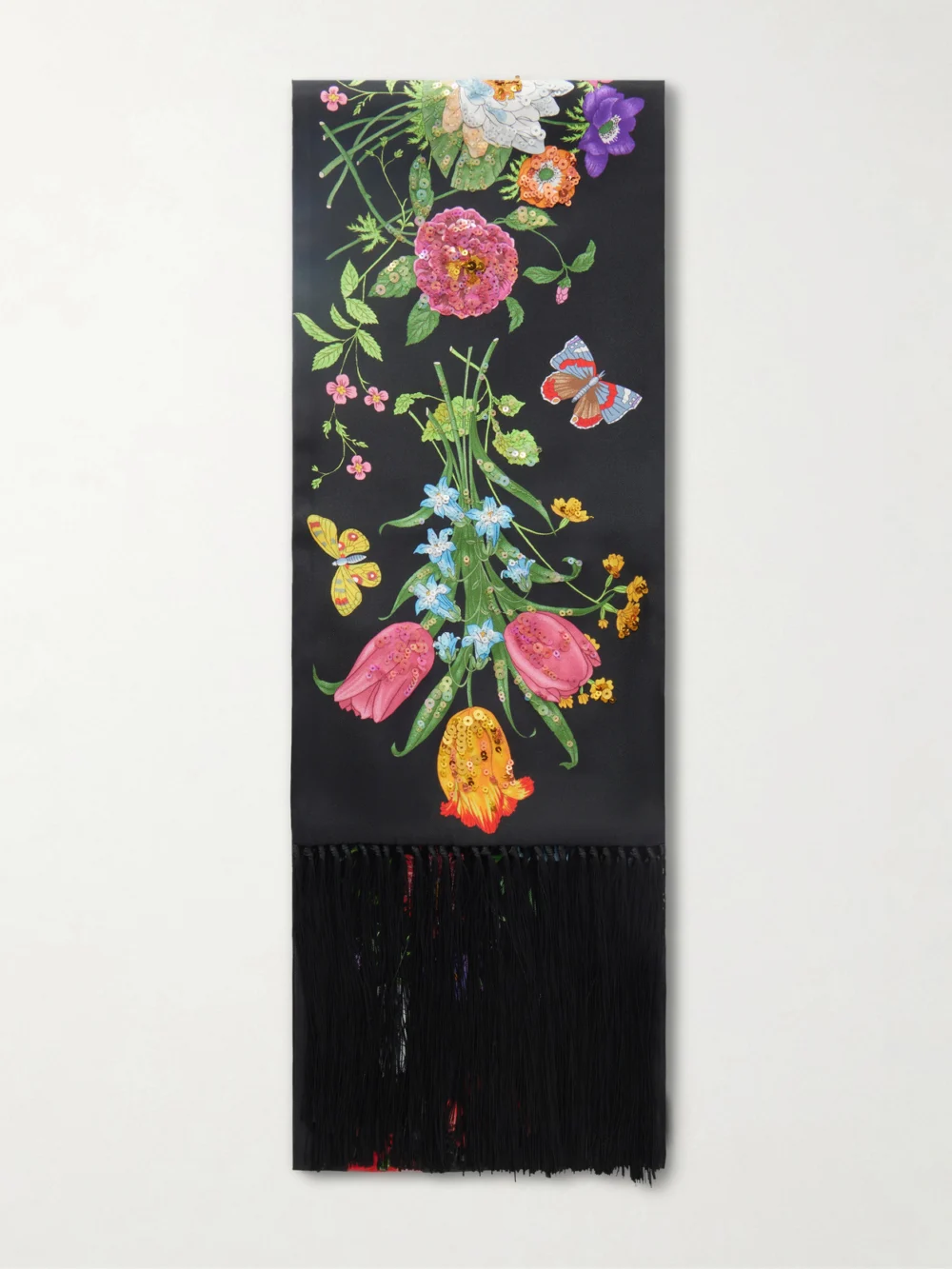 Gucci Fringed Sequin-embellished Floral-print Silk-twill Scarf in black