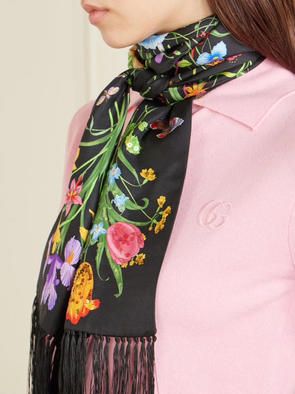 Gucci Fringed Sequin-embellished Floral-print Silk-twill Scarf, styled view