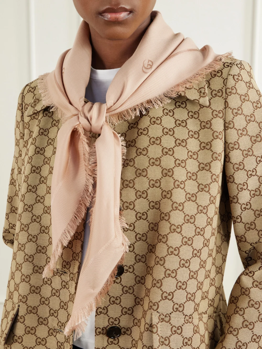 Gucci Fringed Silk and Wool-blend Scarf, styled view