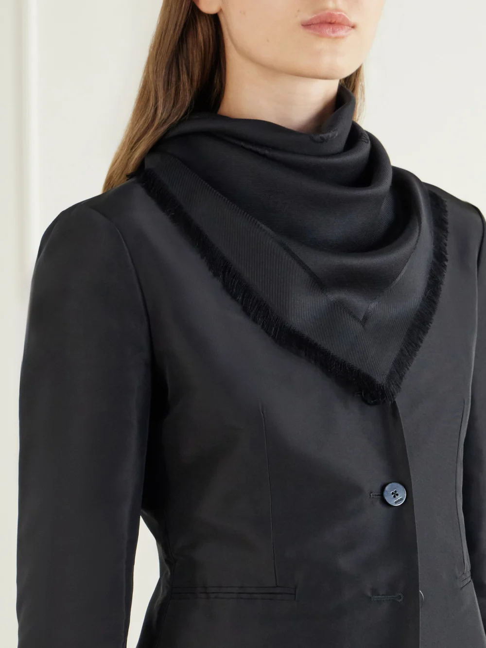 Gucci Fringed Silk and Wool-blend Scarf, styled view