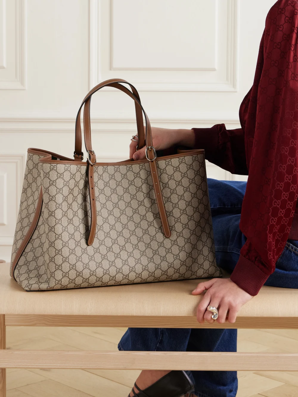 Gucci Gg Emblem Leather-trimmed Coated Canvas-jacquard Tote, styled view