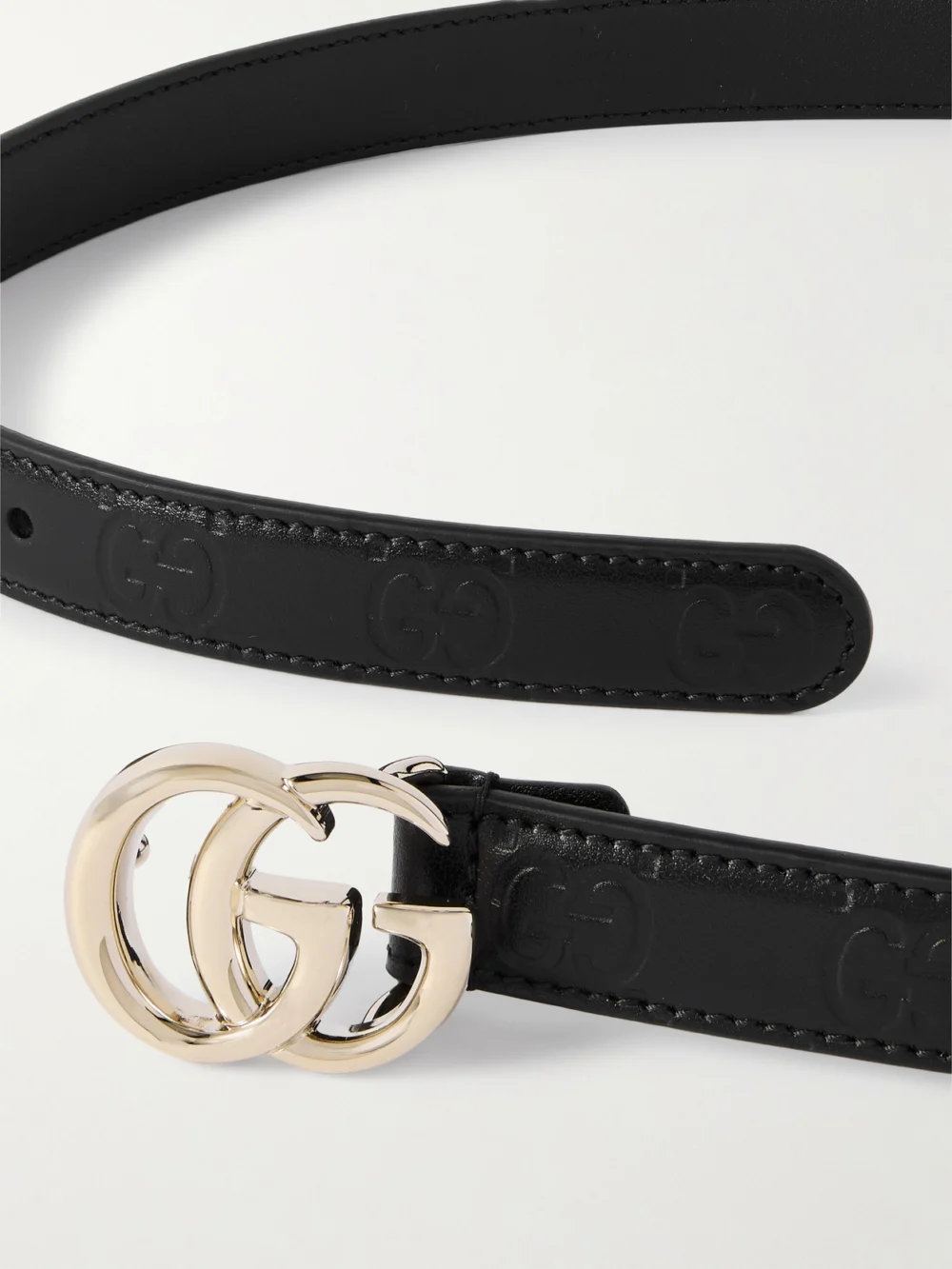 Close-up detail of the Gucci Gg Marmont 2.0 Debossed Leather Belt