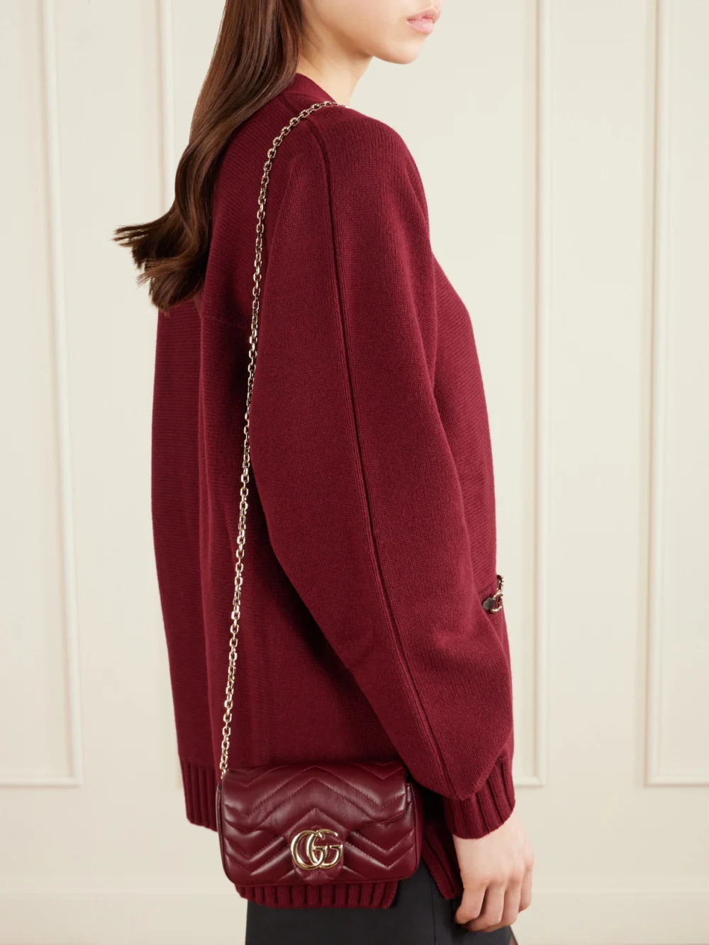 Gucci Gg Marmont Mini Matelassé Leather Shoulder Bag, styled view