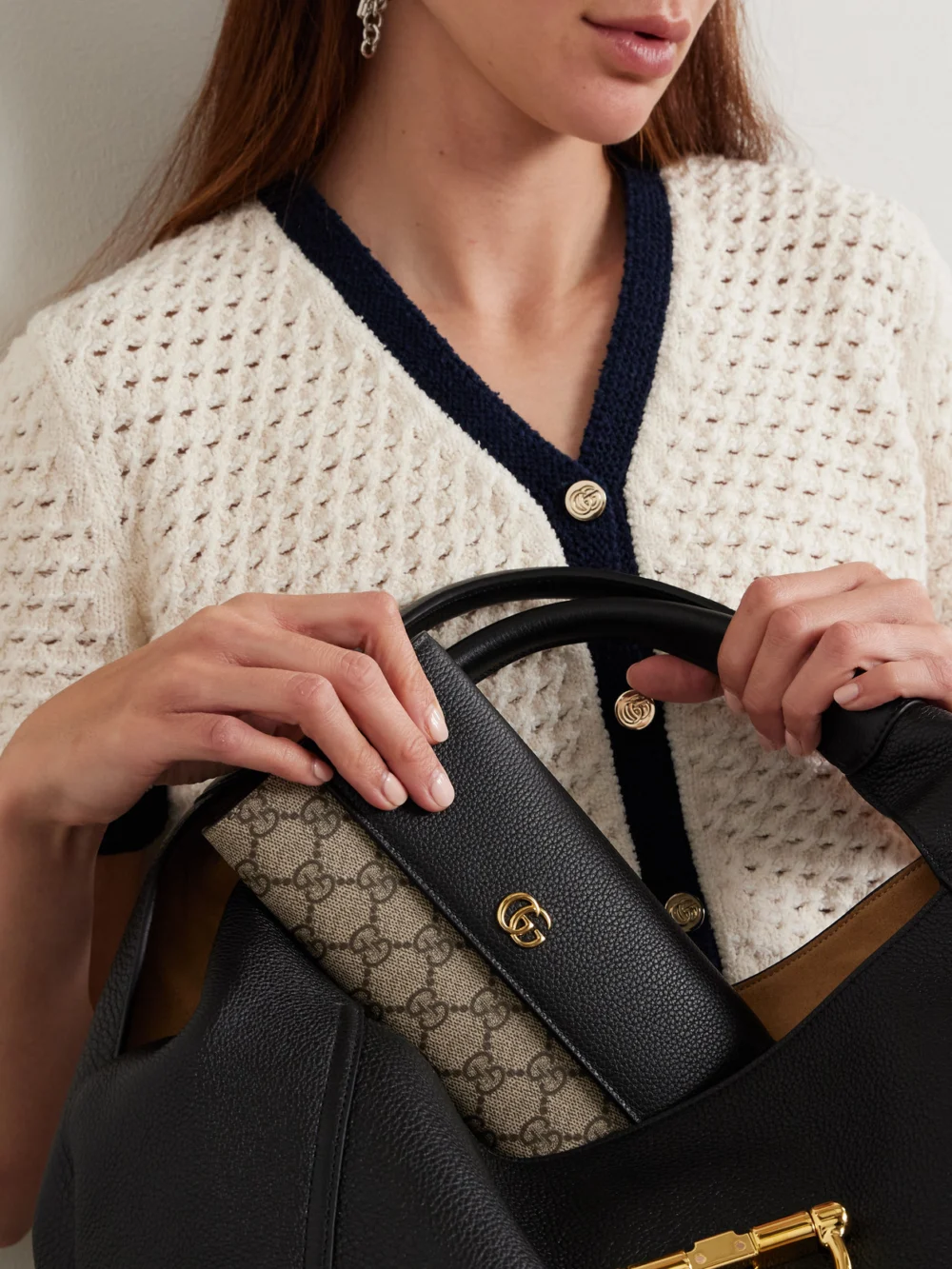 Gucci Gg Marmont Petite Leather-trimmed Coated Canvas-jacquard Shoulder Bag, styled view