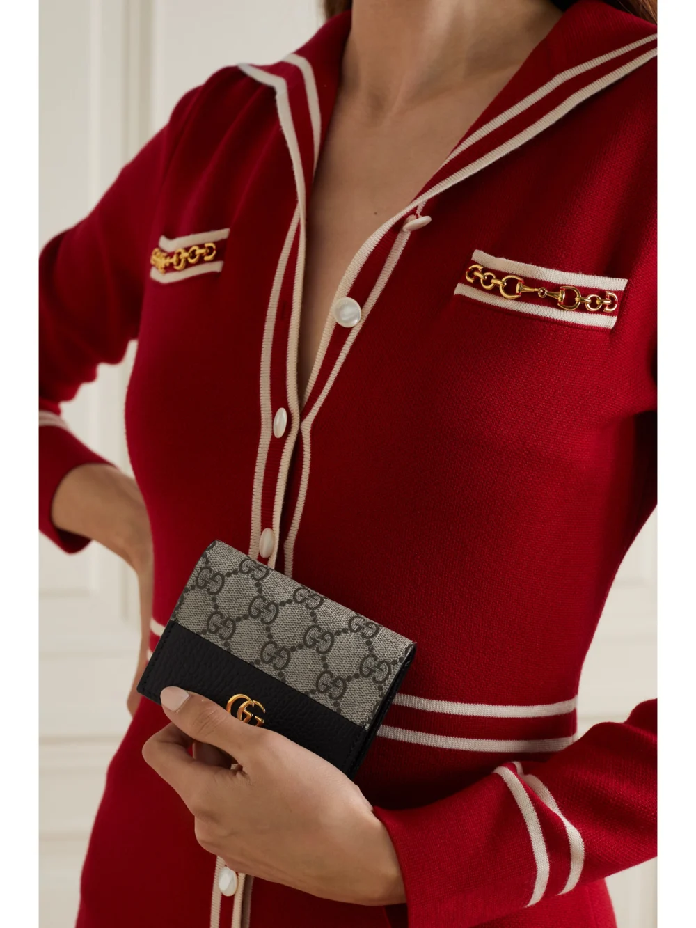 Gucci Gg Marmont Petite Textured-leather and Printed Coated-canvas Wallet, styled view